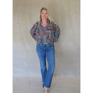 Vibrant Floral Tie V Neck Puff Sleeve Blouse